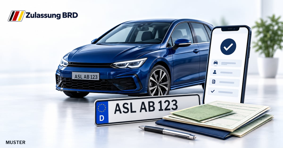 Online Fahrzeugzulassung in Bernburg (Saale): Musterkennzeichen ASL AB 123, Auto und Fahrzeugpapiere und Smartphone. Illustration mit Logo von Zulassung BRD.
